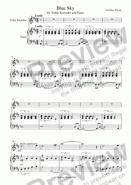 page one of Blue Sky for Treble Recorder and Piano