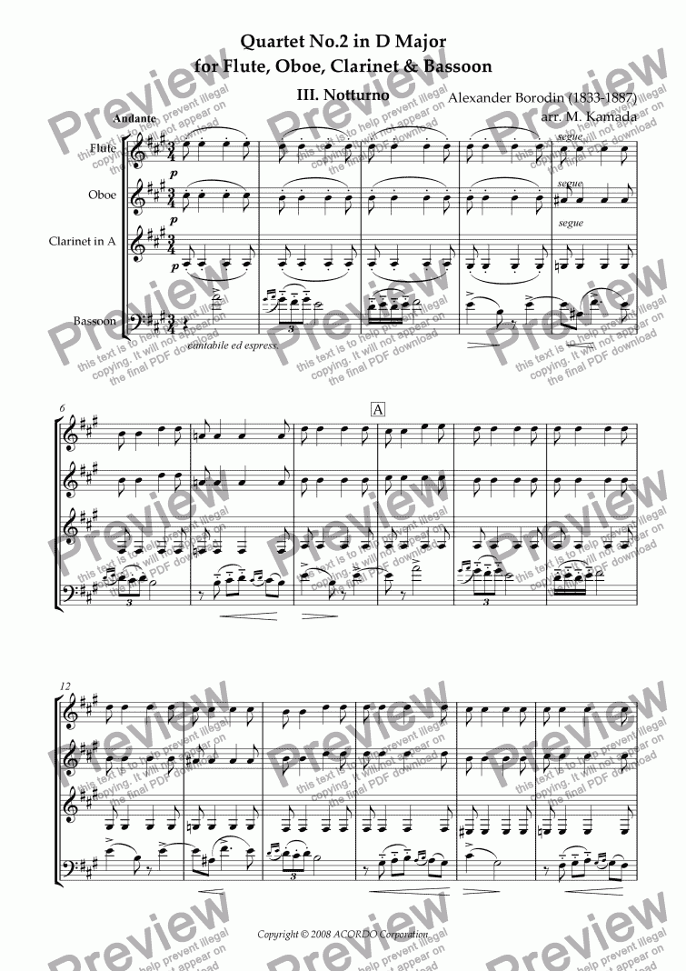 page one of Quartet No.2 in D Major III. Notturno for Flute, Oboe, Clarinet & Bassoon