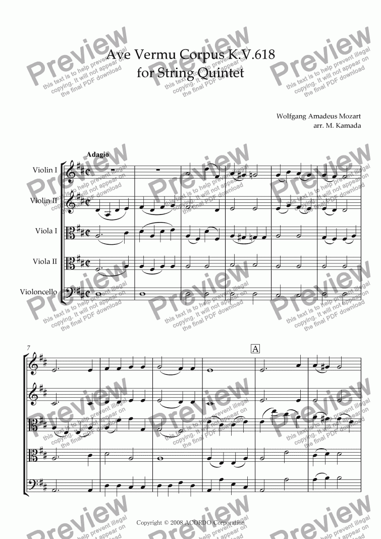 page one of ’Ave verum corpus’ KV.618 for String Quintet