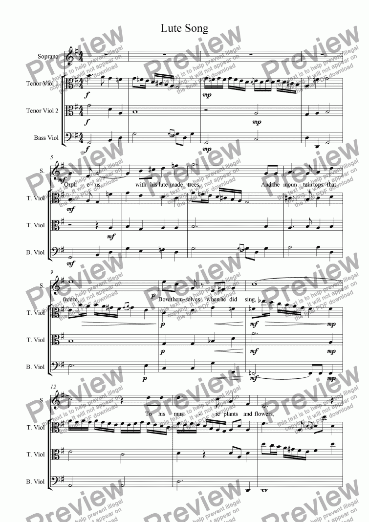 page one of The Song "Orpheus with his Lute",  Consort Song Version, with viols