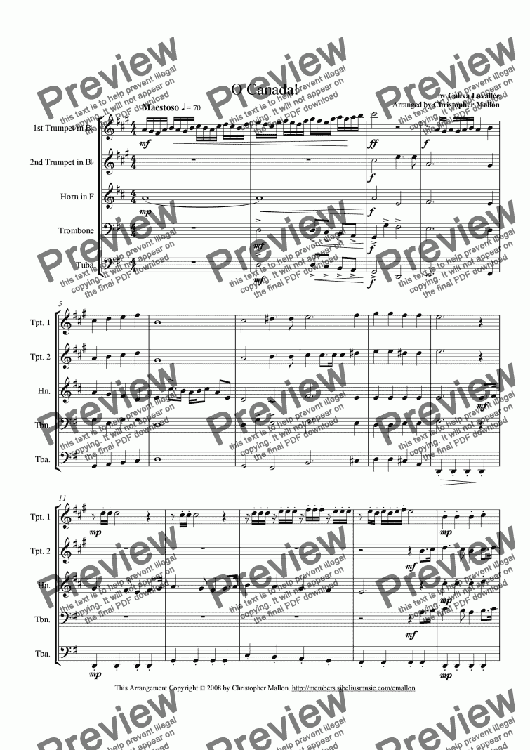 page one of O Canada! (Brass Quintet)