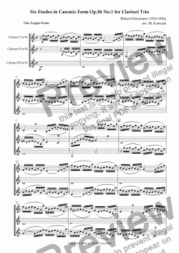page one of Six Etudes in Canonic Form Op.56 No.1 for Clarinet Trio