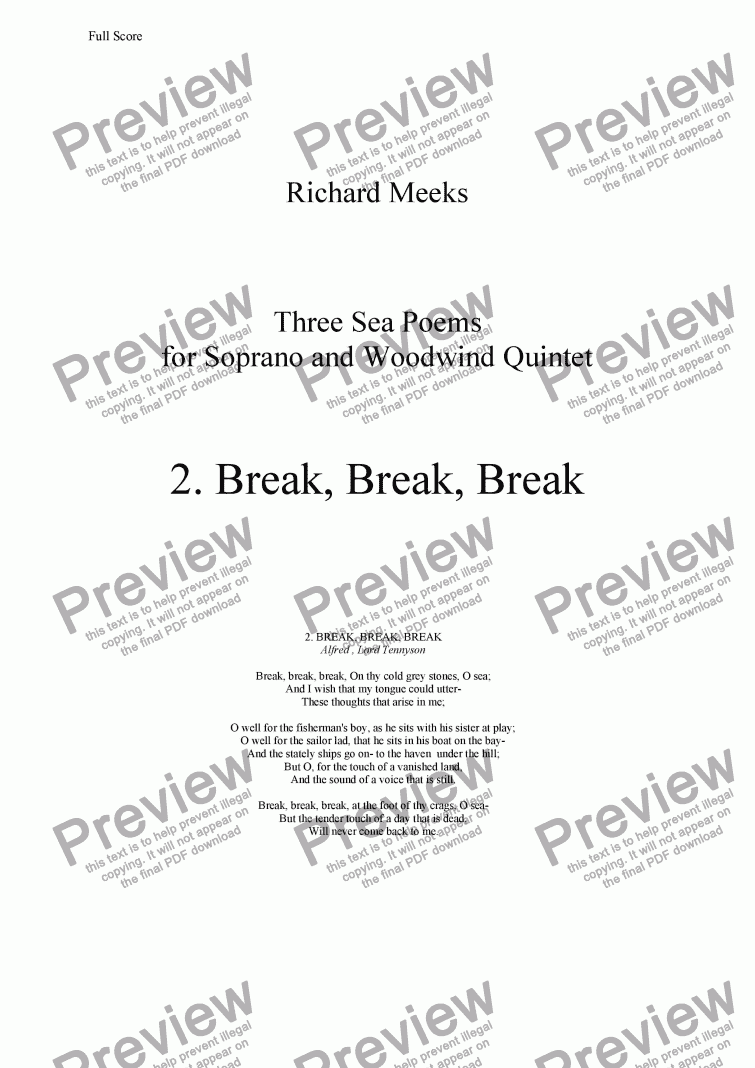 page one of Three Sea Poems for Soprano and Woodwind Quintet 2. Break, Break, Break.