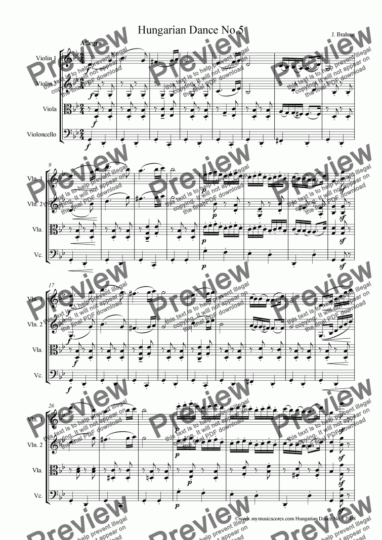 page one of Brahms Hungarian Dance No.5 for String Quartet