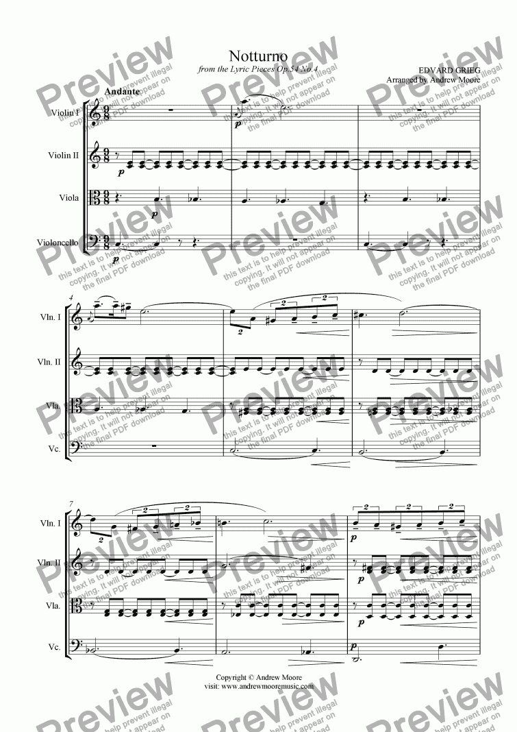 page one of ’Notturno’ Op.54 No. 4 arranged for String Quartet