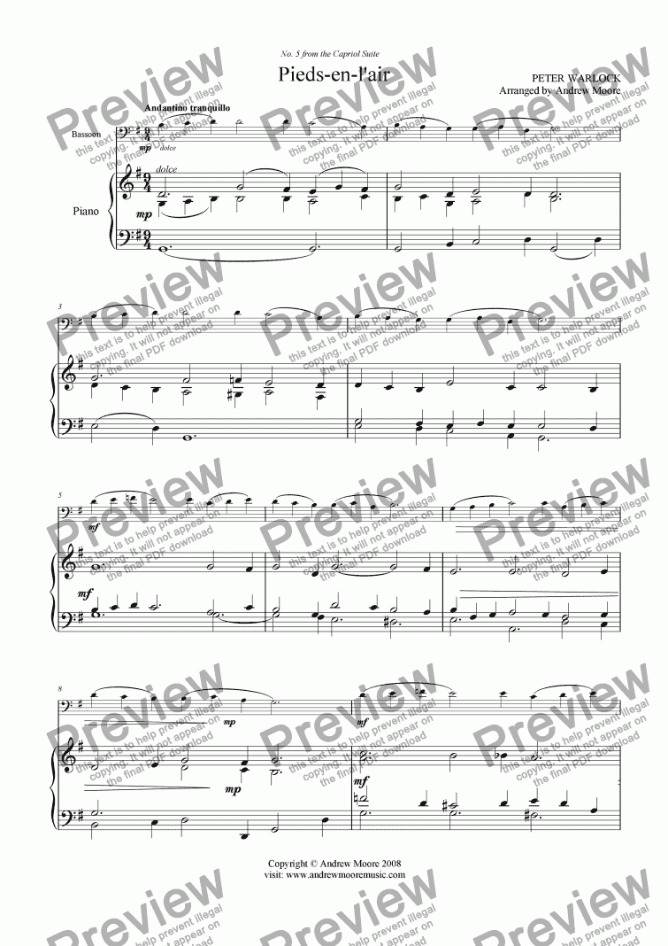 page one of Pieds-en-l’air from ’The Capriol Suite’ for Bassoon & Piano