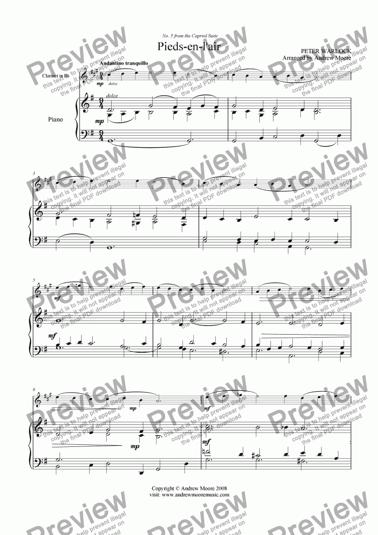 page one of Pieds-en-l’air from ’The Capriol Suite’ for Clarinet & Piano