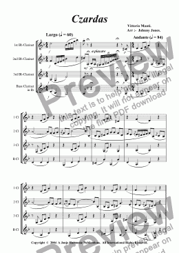 page one of Czardas   (Clarinet Quartet)