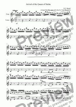 page one of Arrival of the Queen of Sheba duet for flute and violin -revised and edited with parts