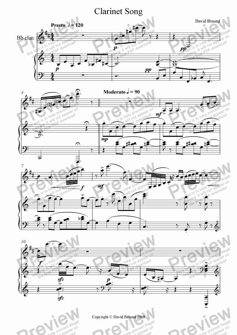 page one of Clarinet Song