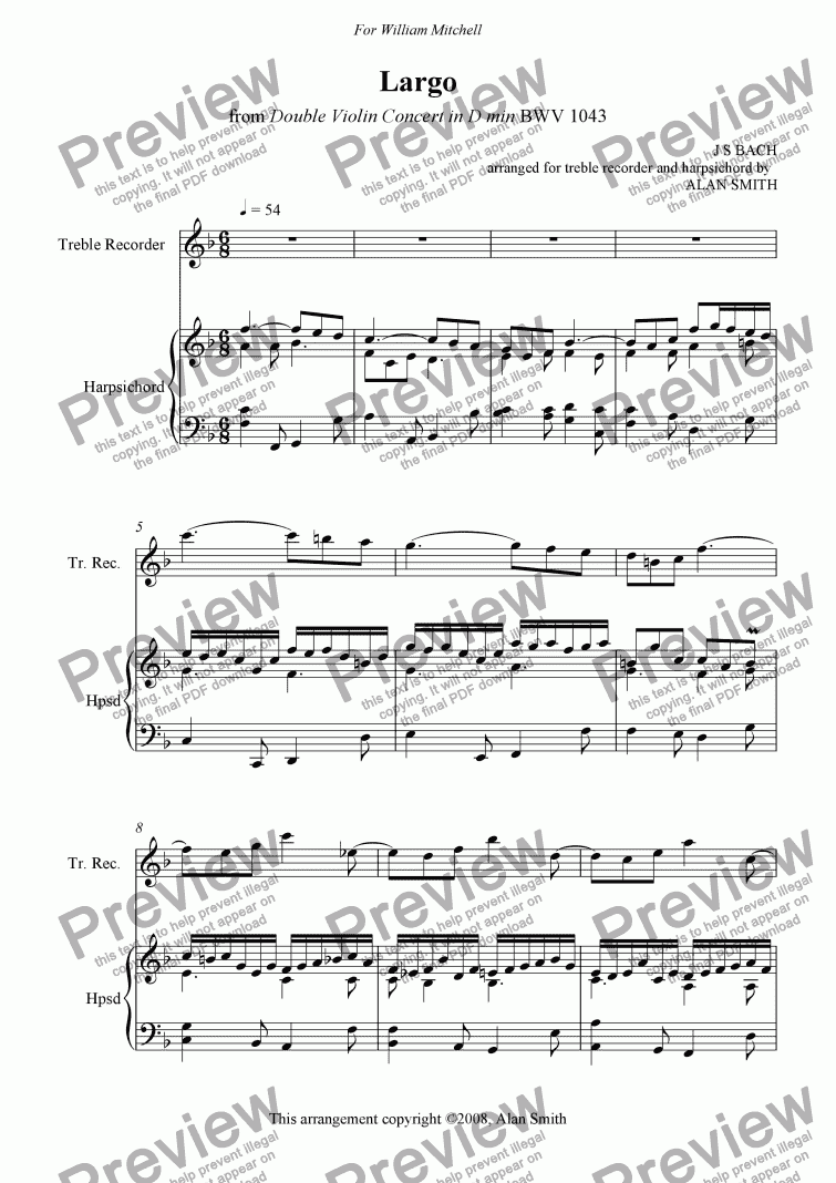 page one of Largo (Bach - Treble Recorder and Harpsichord)