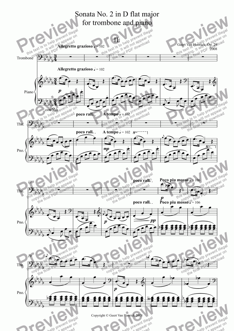 page one of Sonata No. 2 in D flat major for trombone and piano, Op. 29 - II. Allegretto grazioso