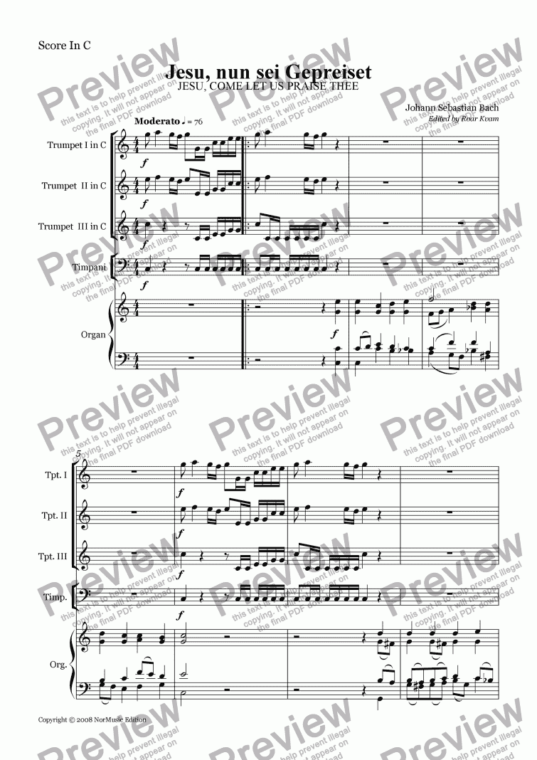 page one of Bach: Jesu, Come Let Us Praise Thee (3 Trumpets, Timpani and Organ)