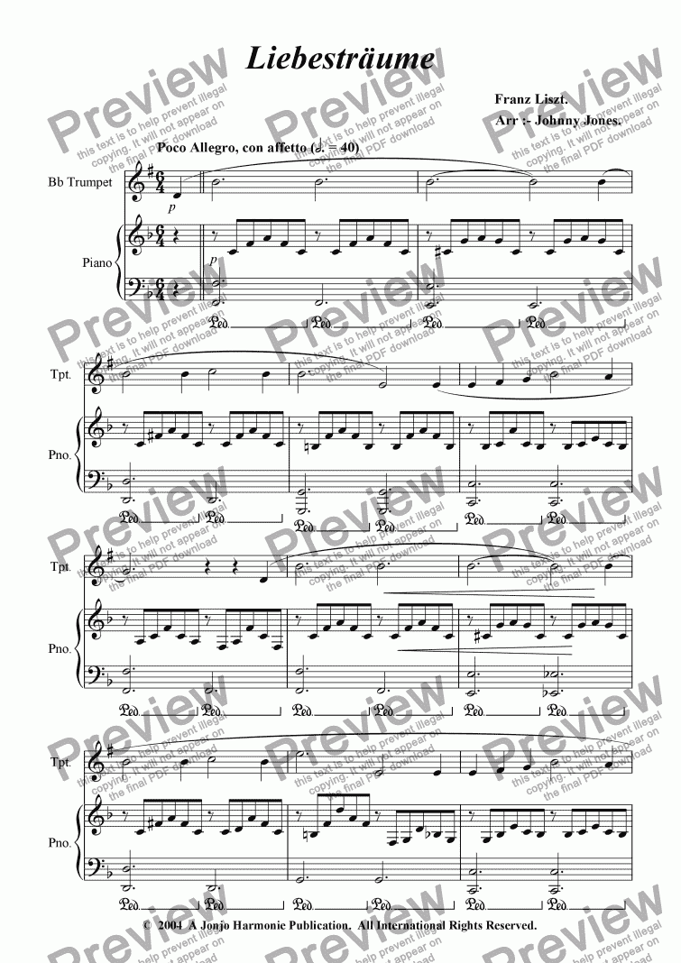 page one of Liebestraume   (Bb Trumpet and Piano)