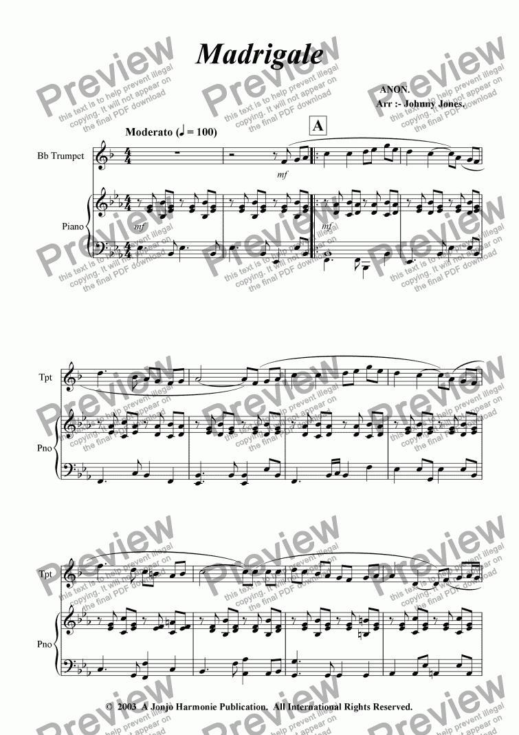 page one of Madrigale   (Bb Trumpet and Piano)
