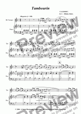 page one of Tambourin   (Gossec's,  Bb Trumpet and Piano)