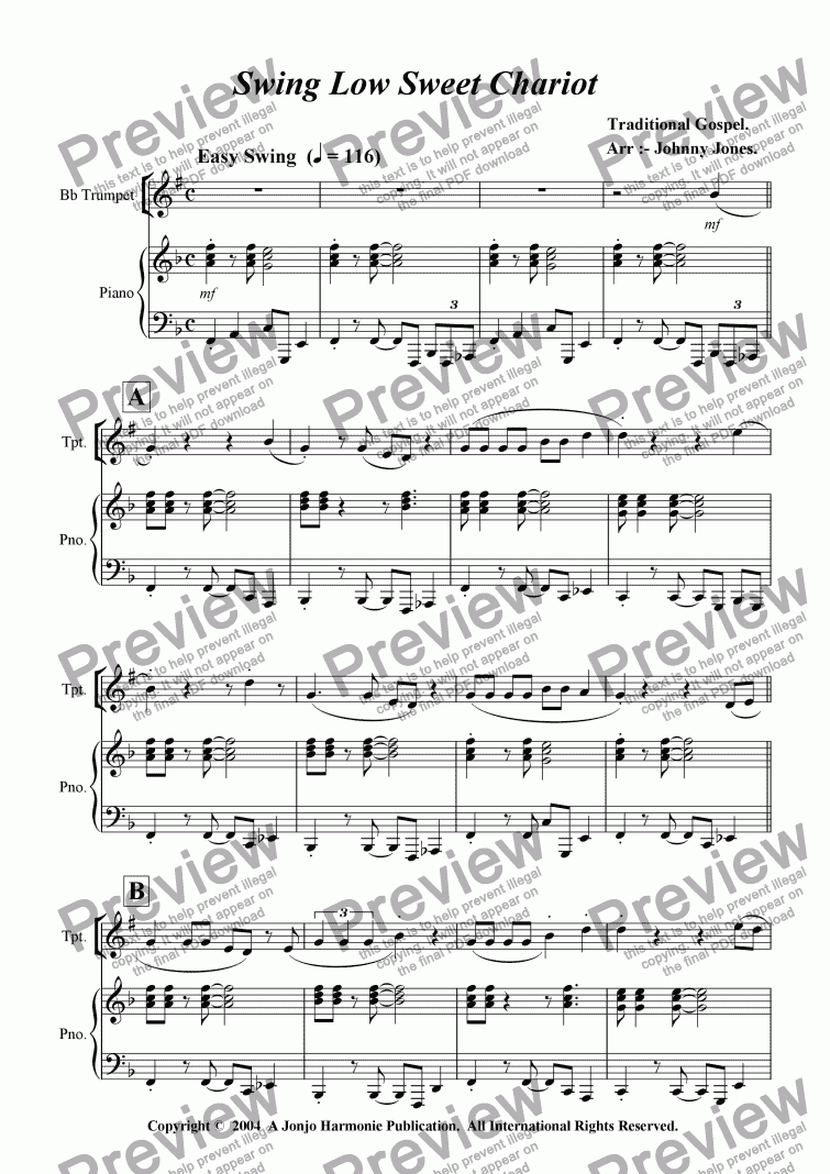 page one of Swing Low Sweet Chariot (Trumpet and Piano)