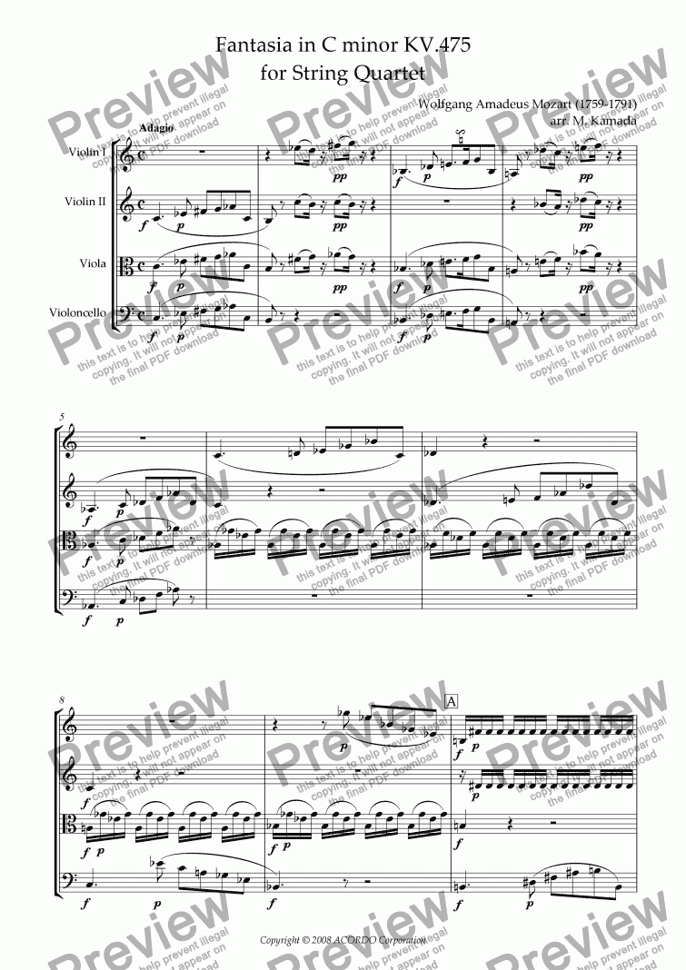 page one of Fantasia in C minor KV.475 for String Quartet