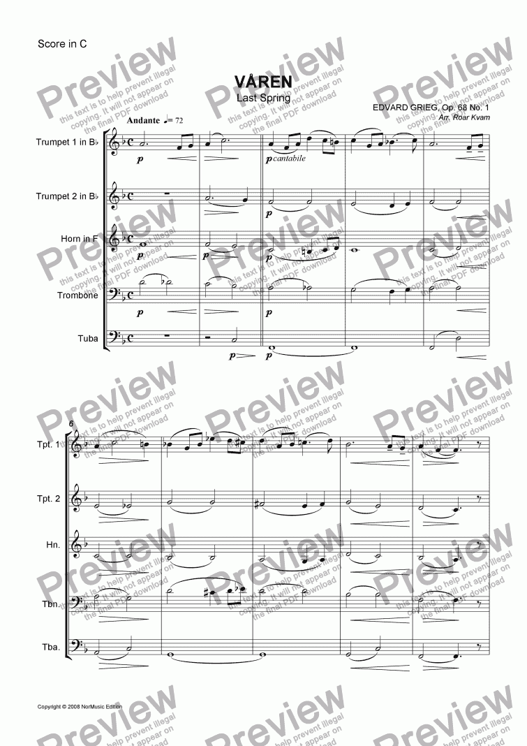 page one of Grieg: Våren/Last Spring (Brass Quintet)