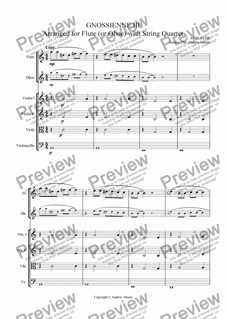 page one of Gnossienne No.3  for Flute or Oboe & String Quartet