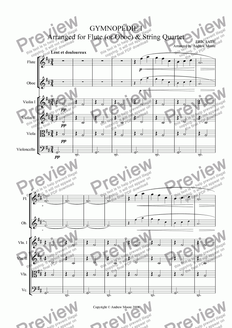 page one of Gymnopedie No. 1  for Flute or Oboe & String Quartet
