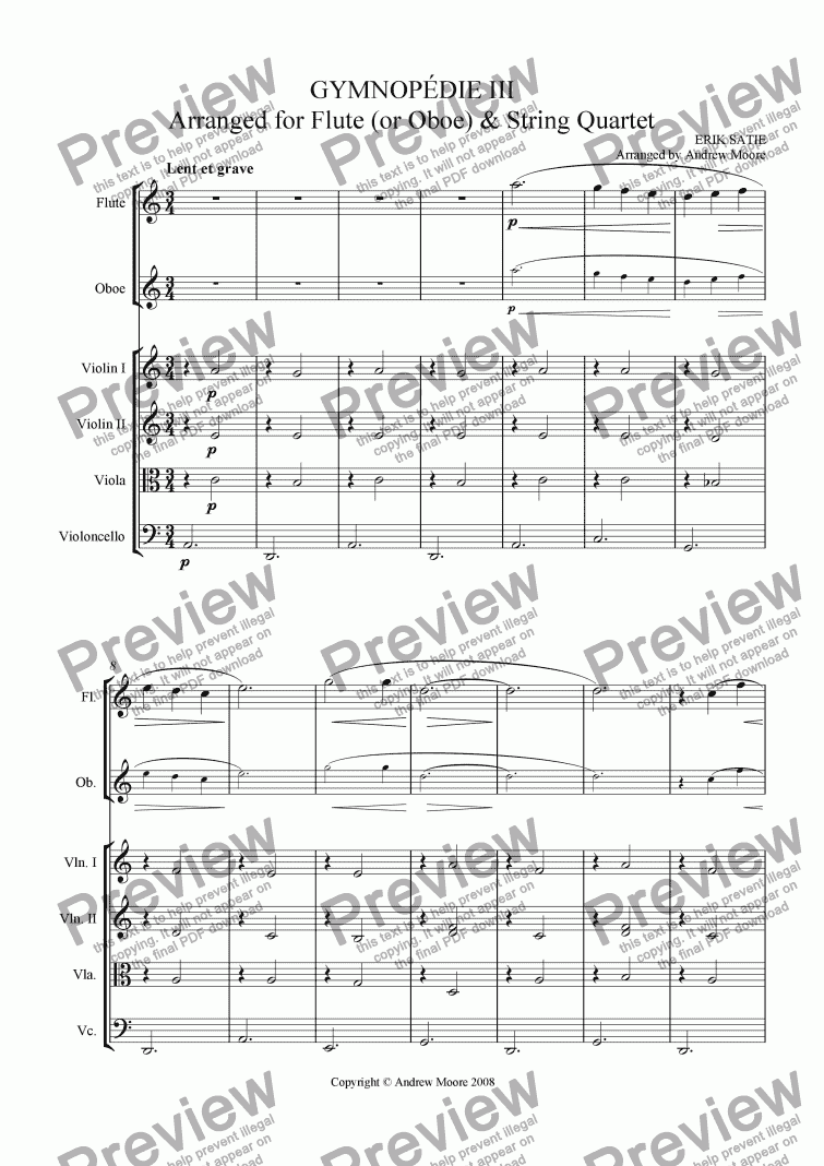 page one of Gymnopedie No. 3  for Flute or Oboe & String Quartet