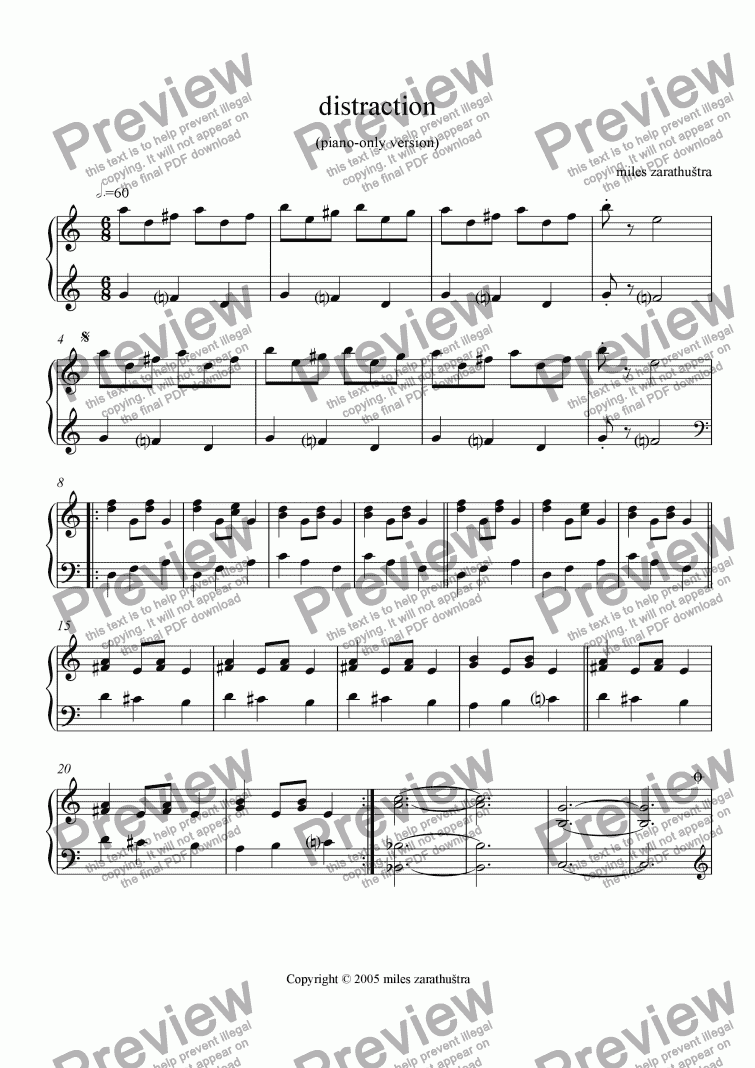 page one of driven by distraction (piano only version)