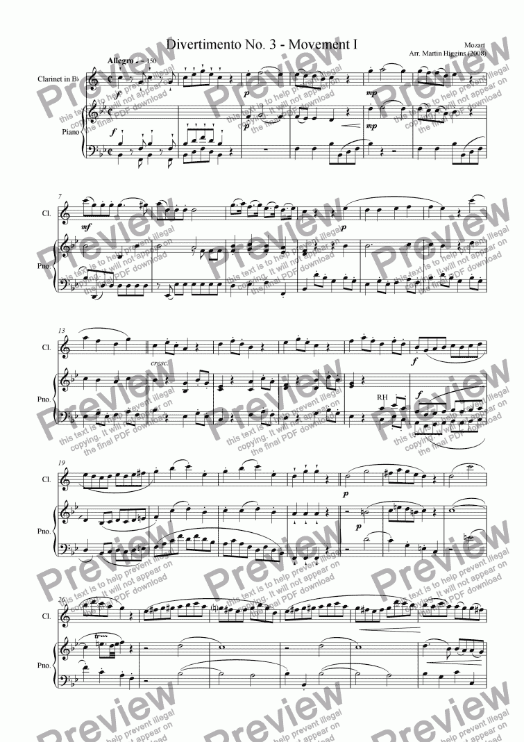 page one of Mozarts Divertimento No. 3 (I) For Clarinet