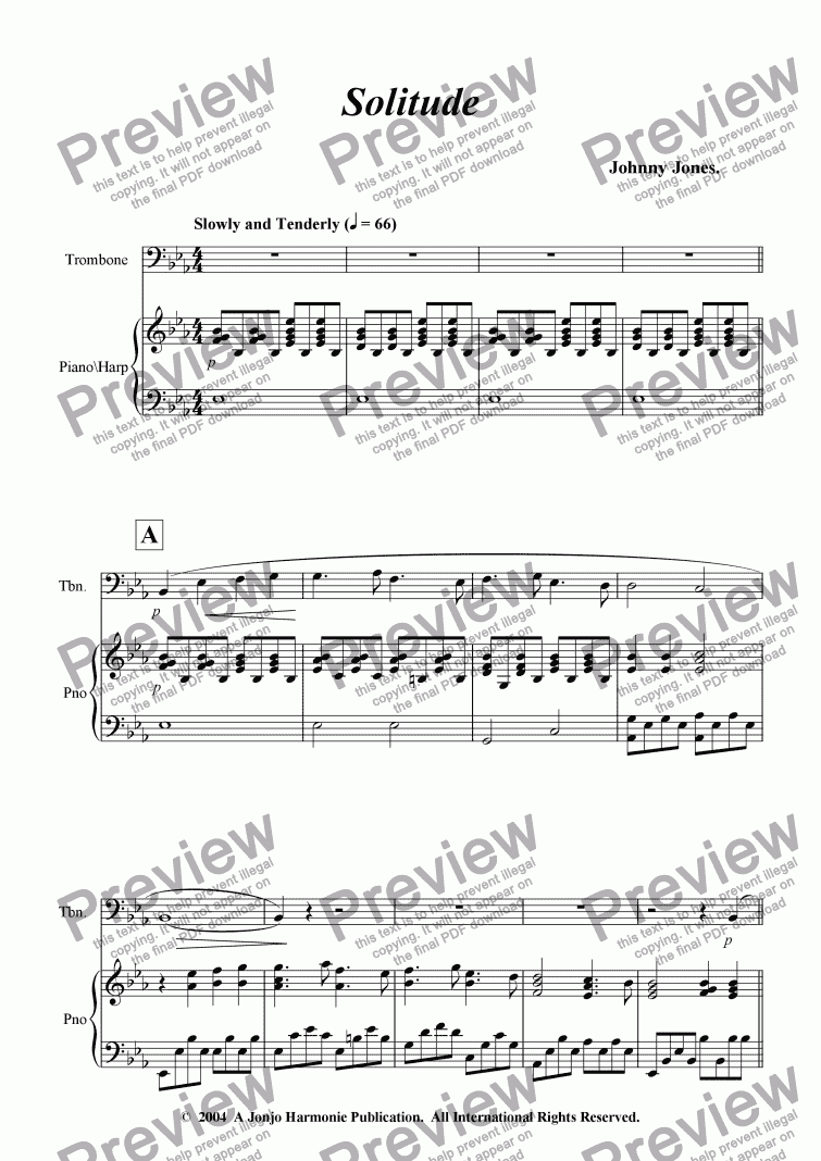 page one of Solitude   (Trombone and Piano)