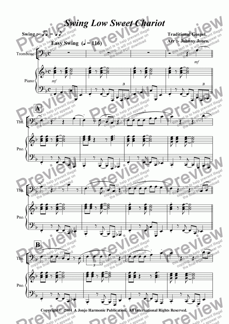 page one of Swing Low Sweet Chariot   ( 8 Bar Blues, Trombone and Piano )