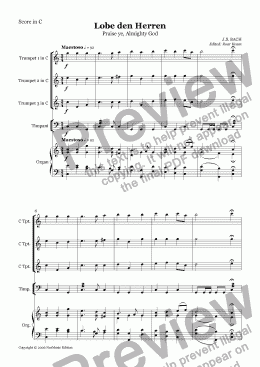 page one of Bach: Lobe den Herren/Praise ye, Almighty God (3 Trumpets, Timpani and Organ)