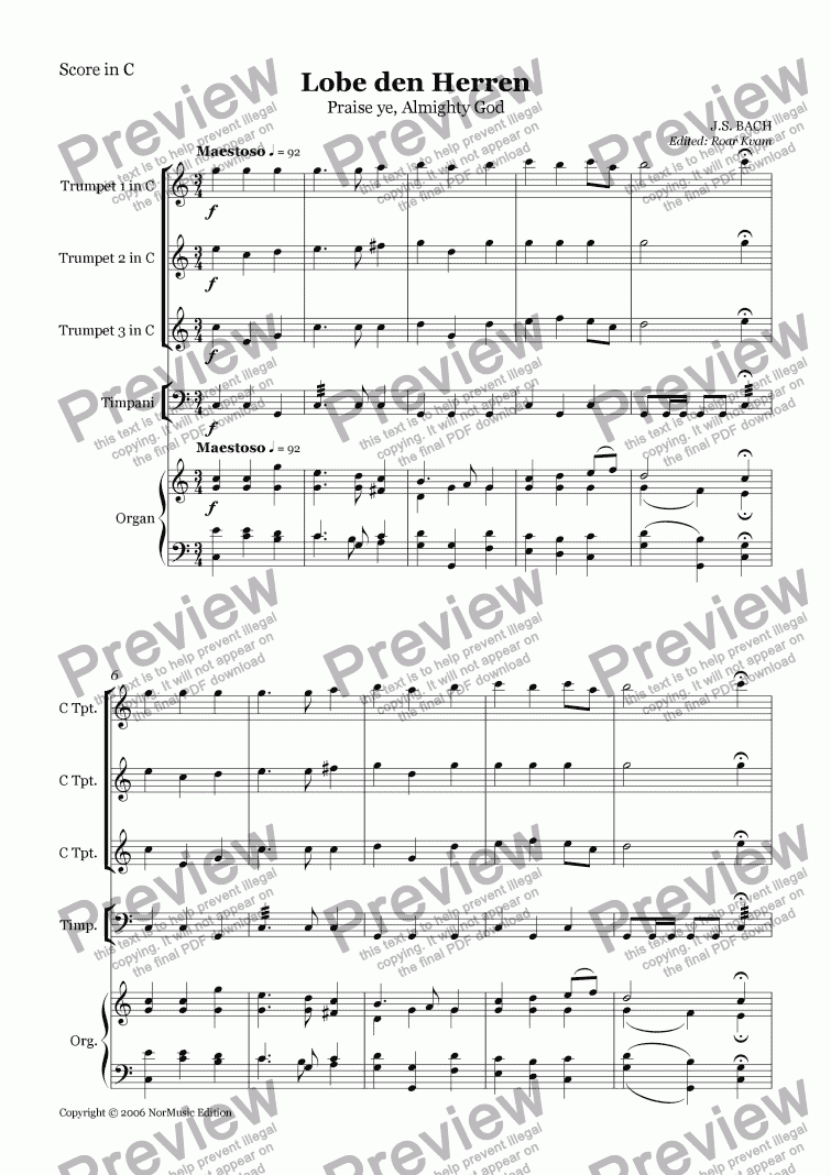 page one of Bach: Lobe den Herren/Praise ye, Almighty God (3 Trumpets, Timpani and Organ)