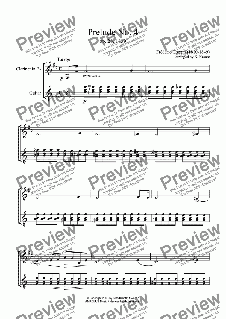 page one of Prelude No. 4 & 7 for clarinet in Bb and guitar