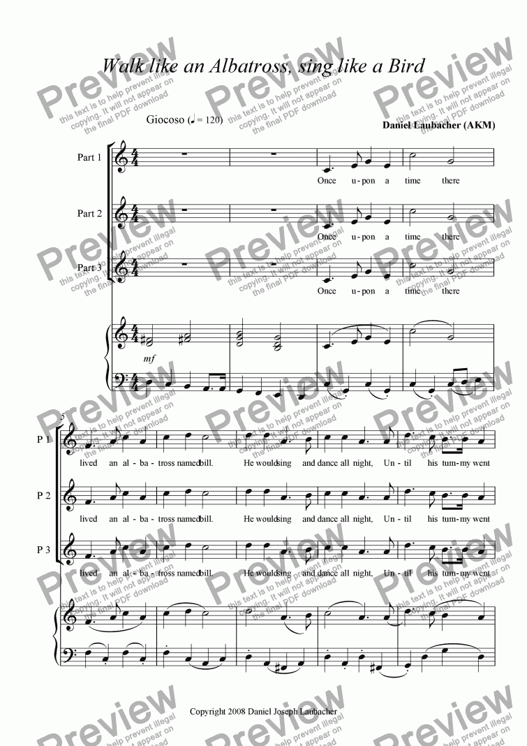 page one of Walk like an Albatross, sing like a Bird (three-part choir, piano)
