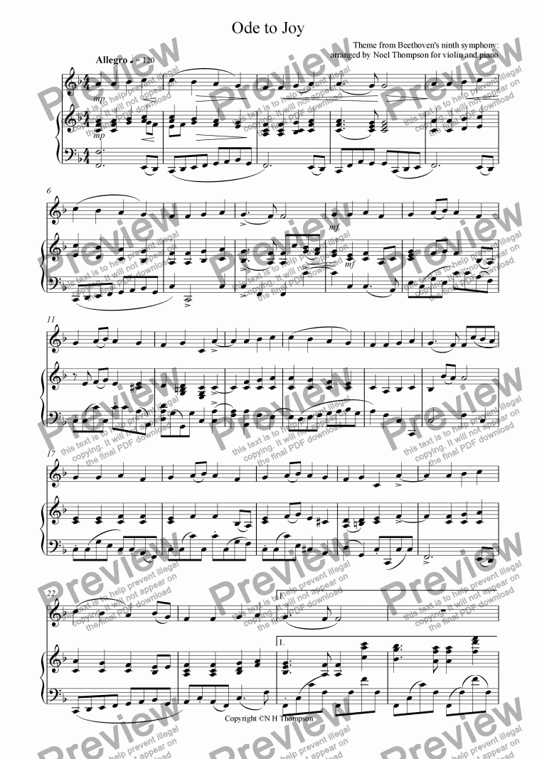 page one of Ode to Joy from Beethoven's 9th symphony:  violin & piano