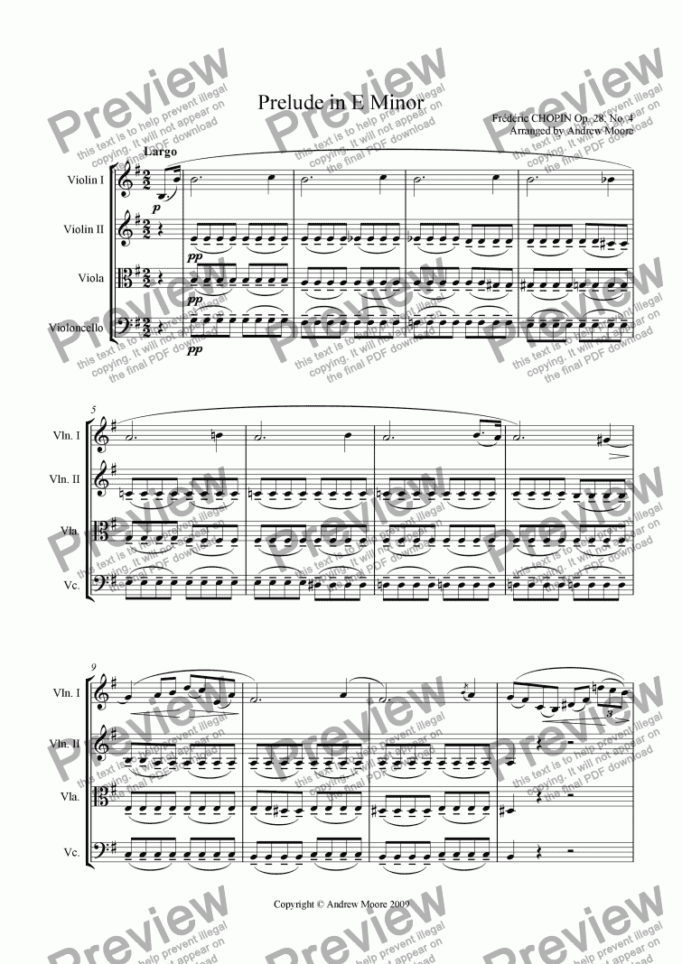page one of Prelude in E Minor Op.28, No. 4 for String Quartet