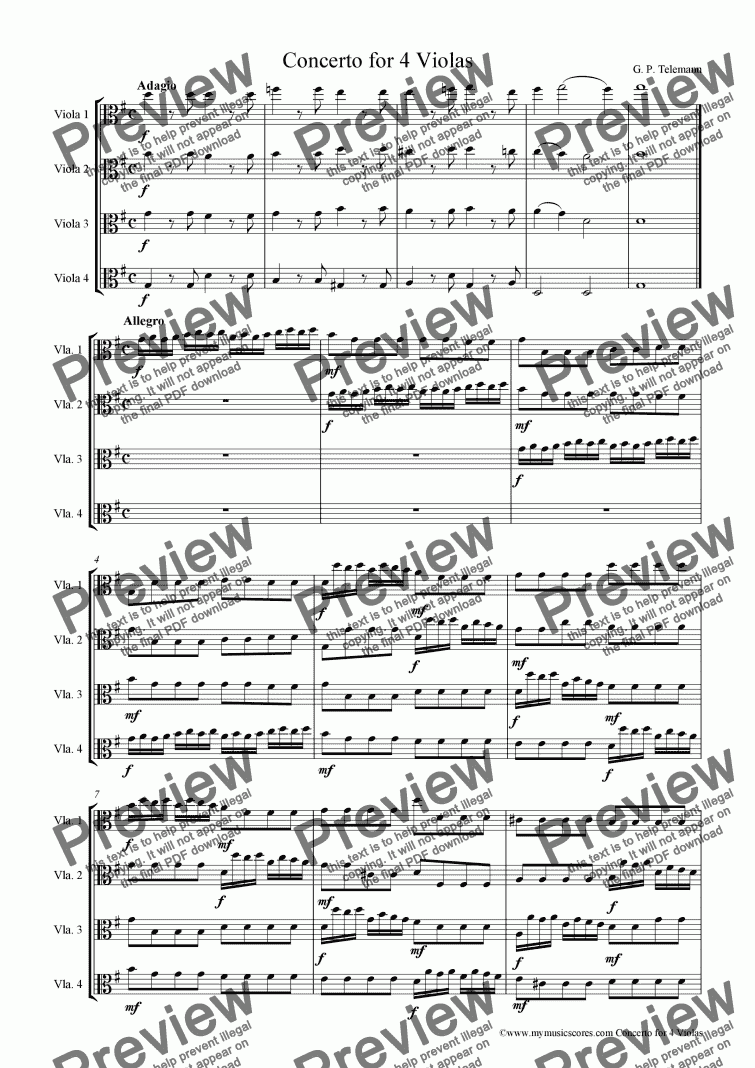 page one of Telemann Concerto for 4 Violas in G Major