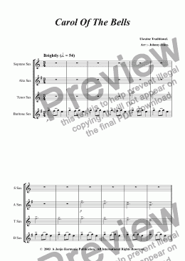 page one of Carol Of The Bells   (Saxophone Quartet)