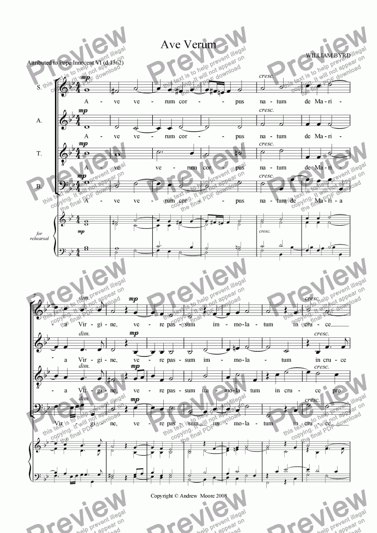 page one of ’Ave Verum Corpus’ for SATB