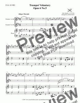 page one of Stanley Trumpet Voluntary for Two Bb Clarinets & Piano