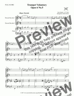 page one of Stanley Trumpet Voluntary for Two Descant Recorders & Piano