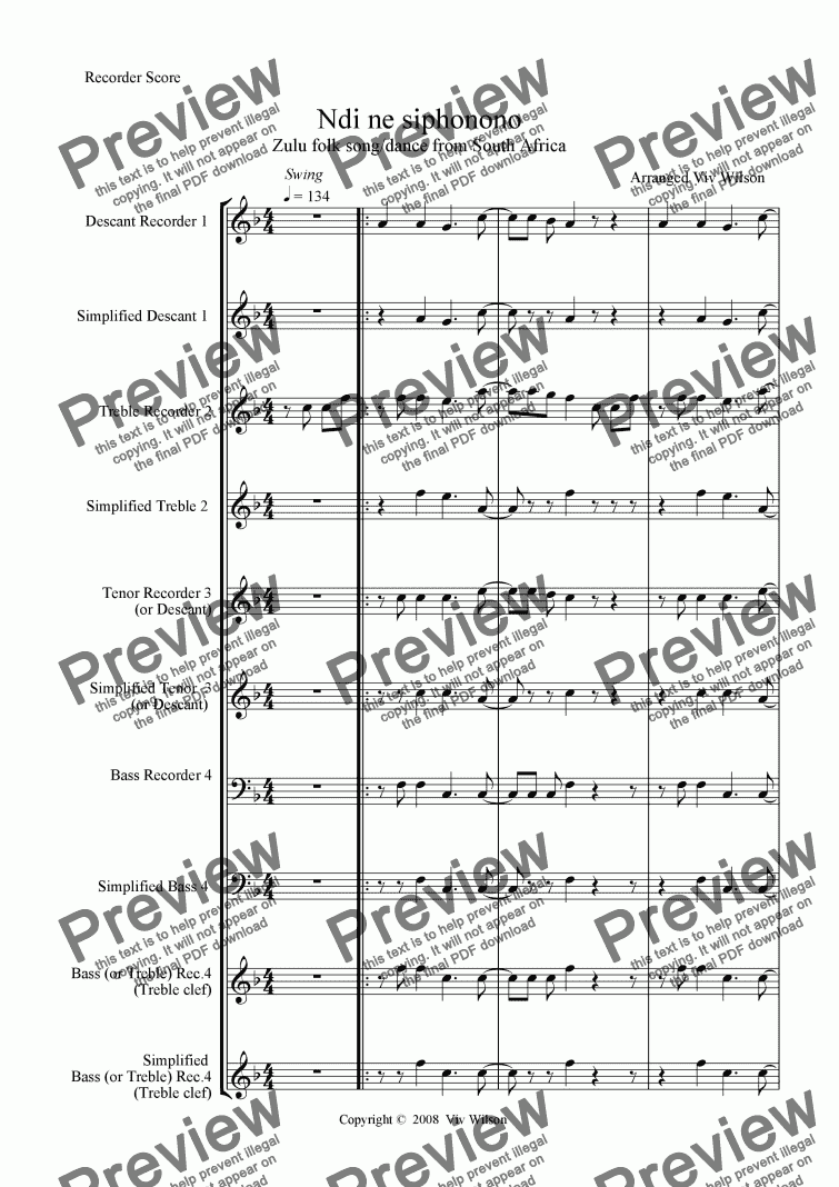 page one of 'NDI NE SIPHONONO' for Recorder Ensemble & C Instruments. Polyphonic. (South African)