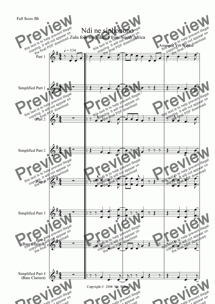 page one of ’NDI NE SIPHONONO’ for Bb Instruments. Polyphonic. (South African)