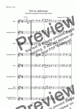 page one of ’NDI NE SIPHONONO’ for Eb instruments. Polyphonic. (South African)