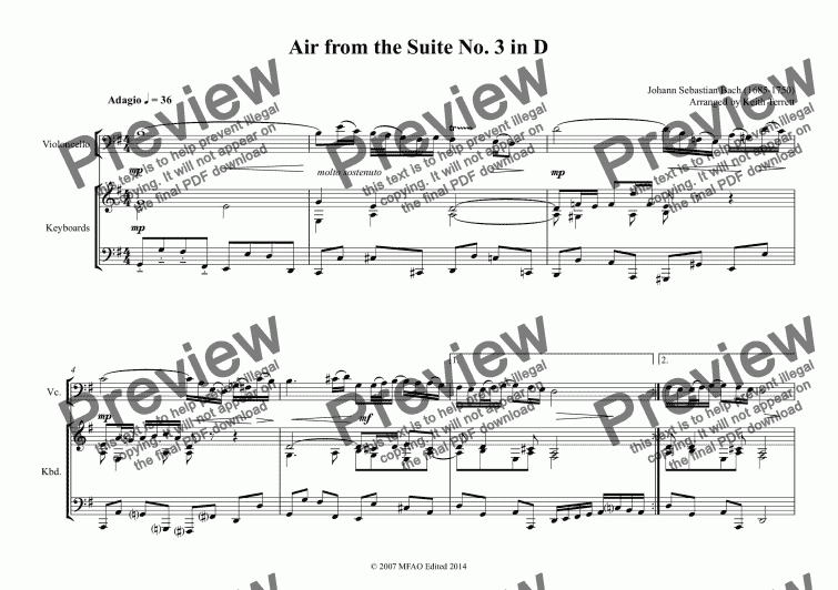 page one of Air on the G String from the Suite No. 3 in D for Solo Cello & Keyboard