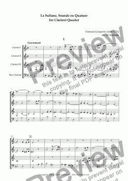 page one of ’La Sultane, Soande eu Quatuor’ for Clarinet Quartet