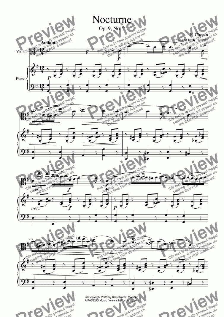 page one of Nocturne op. 9 No. 2 for viola and easy piano