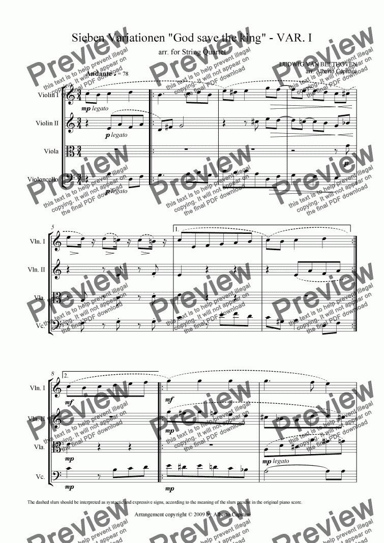 page one of Sieben Variationen "God save the king" - VAR. I - arr. for String Quartet