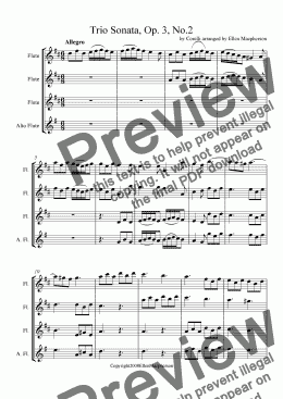 page one of Trio Sonata, Op.3 No.2 by Arcangelo Corelli, arranged for Flute Ensemble