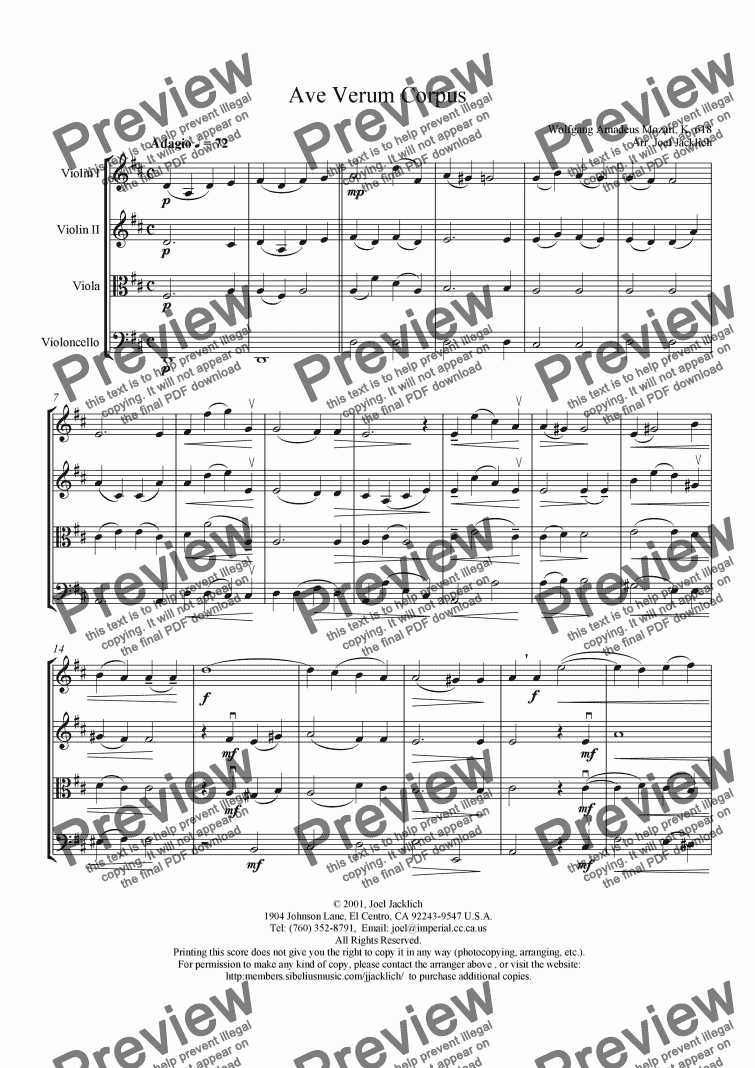 page one of Ave Verum Corpus, K.618, String Quartet